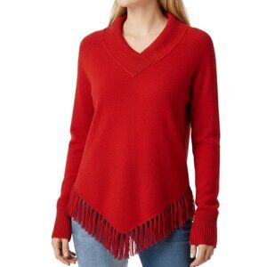 Joseph A. Sweater Tassel Fringe Hemline V Neck Pullover Red Womens Size Medium